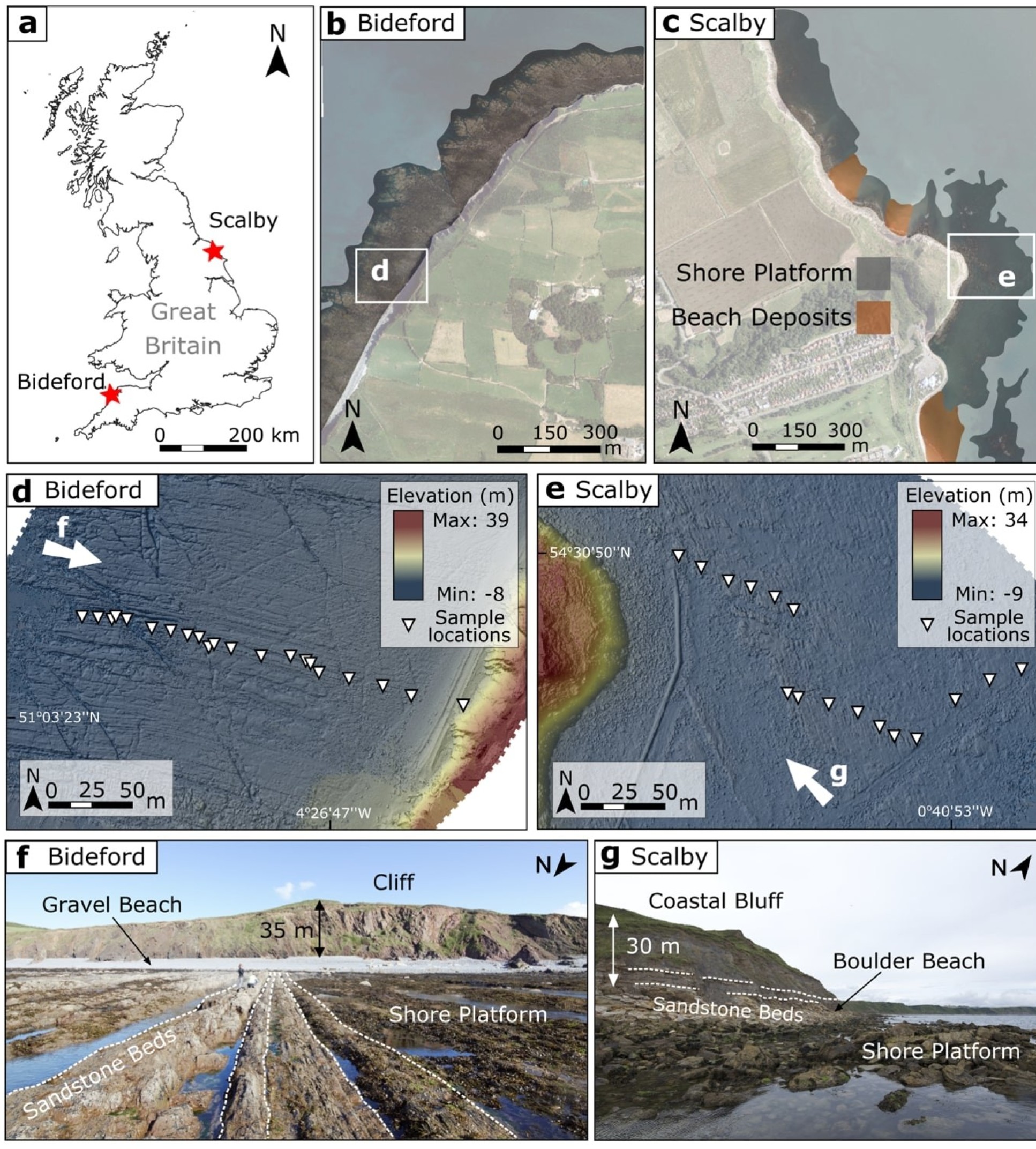 The study sites. A) Map of Great Britain with sites located. B) Bideford sample site location. C) Scalby sample site location. D) Bideford topography and sample locations. E) Scalby topography and sample locations. F) Bideford field photo. G) Scalby field photo. 