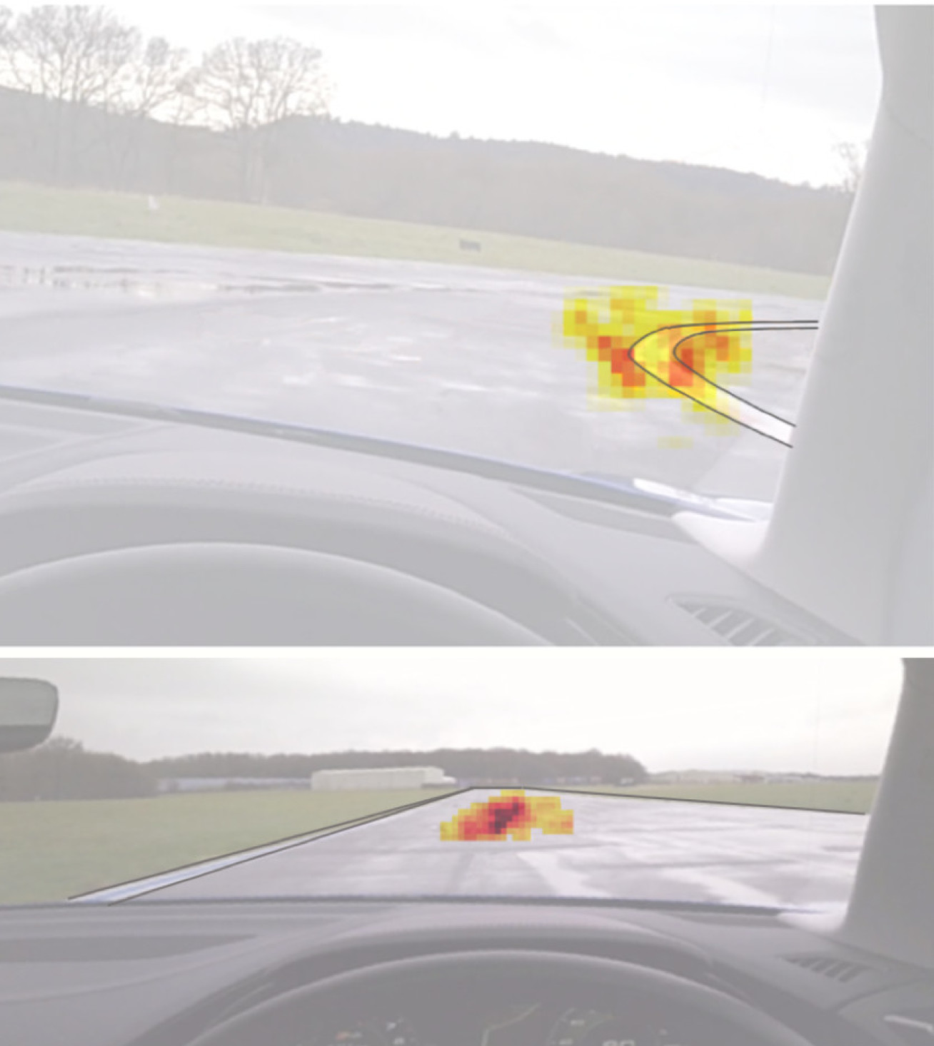 Heat maps of eye gaze using data recorded during the Hammerhead critical curve (top), highlighting the driver’s tendency of tracking the tangent curve; and the straight segments before and after the curve (bottom), where the driver’s gaze focus on the horizon.