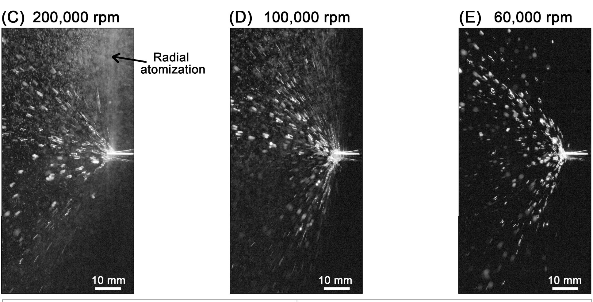 Three images showing aerosol spread at higher, medium, and lower rotational speeds. Aerosol spread is reduced at lower speeds.