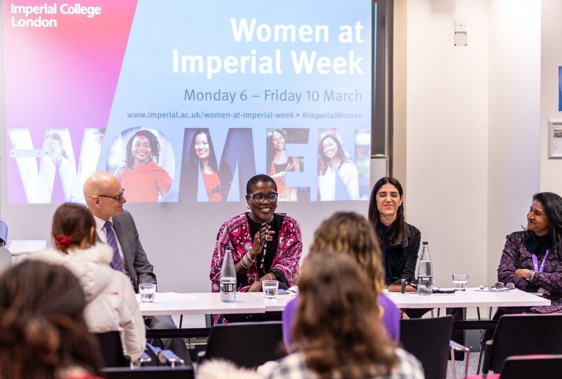 Prof Julie Makani with Professor Alessandra Luati, Mathematics and Professor Priscilla Reddy, Public Health and EDI talking at the Imperial Women in STEM event for Women at Imperial Week.