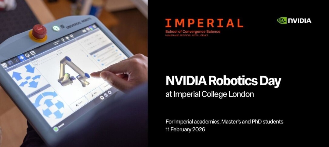 Event information (NVIDIA Robotics Day at Imperial College London), including a photo of a person working on a tablet controlling a robot. 
