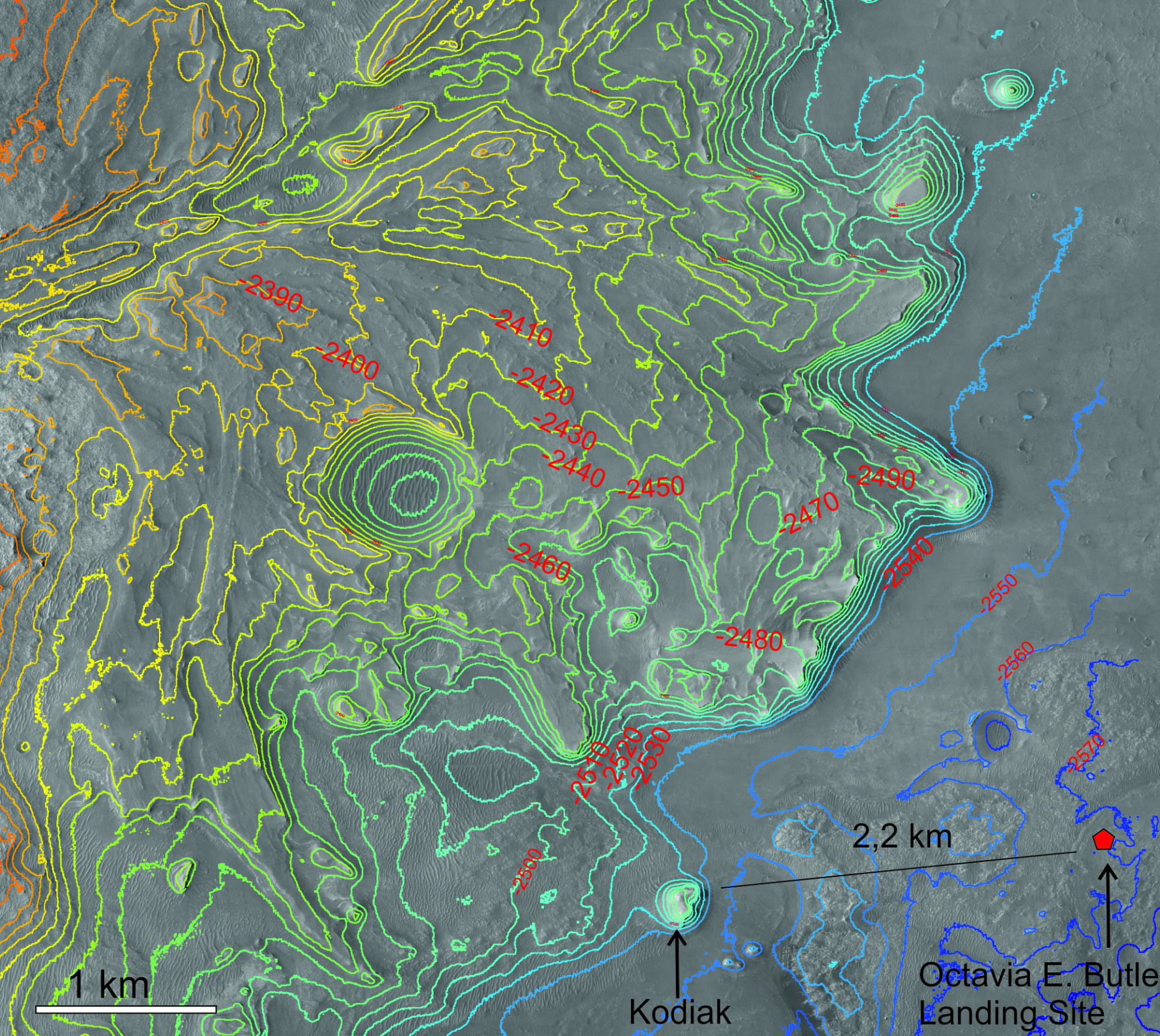 Birdseye view of Jezero crater showing contour lines and potential waterways in blue