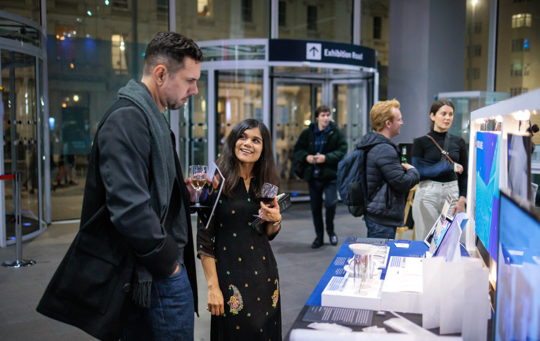 Visitors and exhibitors at the IDE/GID exhibition at the South Kensington Campus Main Entrance