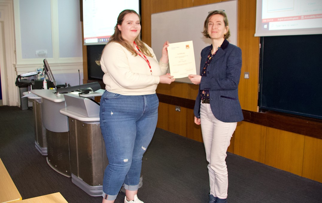 Professor Sandrine Heutz with Ieva Ragaisyte, winner of the 'Best Scientific Content' prize