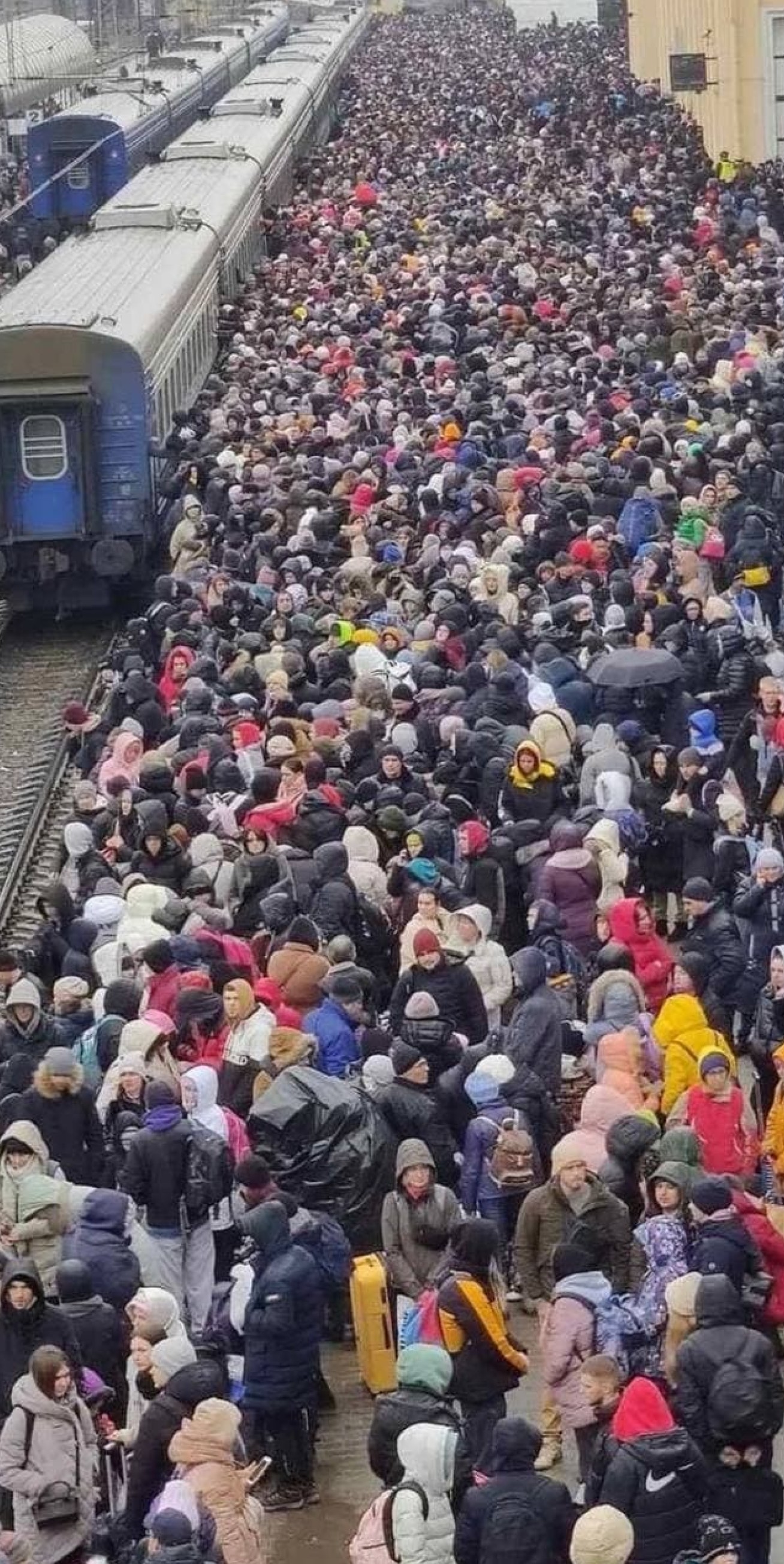 Ukrainian people fleeing the war, taken by refugees on their way to France
