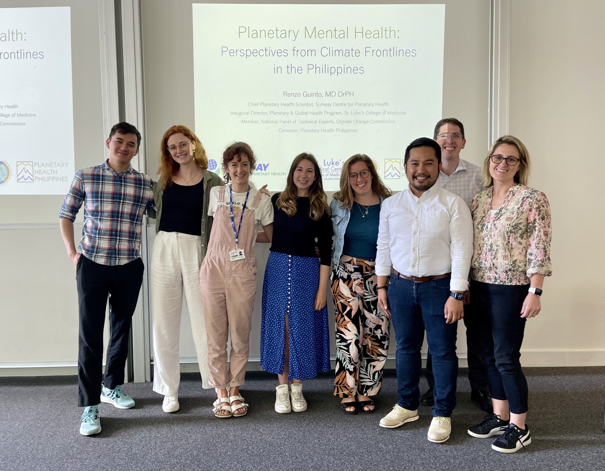 Dr Emma Lawrance (fourth from right) with the Climate Cares team, and Dr Renzo Guinto (third from right) from the Philippines Changing Worlds study team