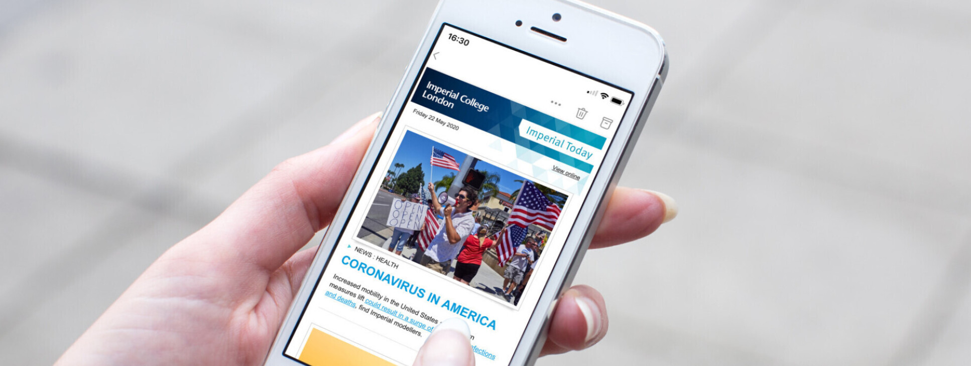 Imperial news on a phone screen