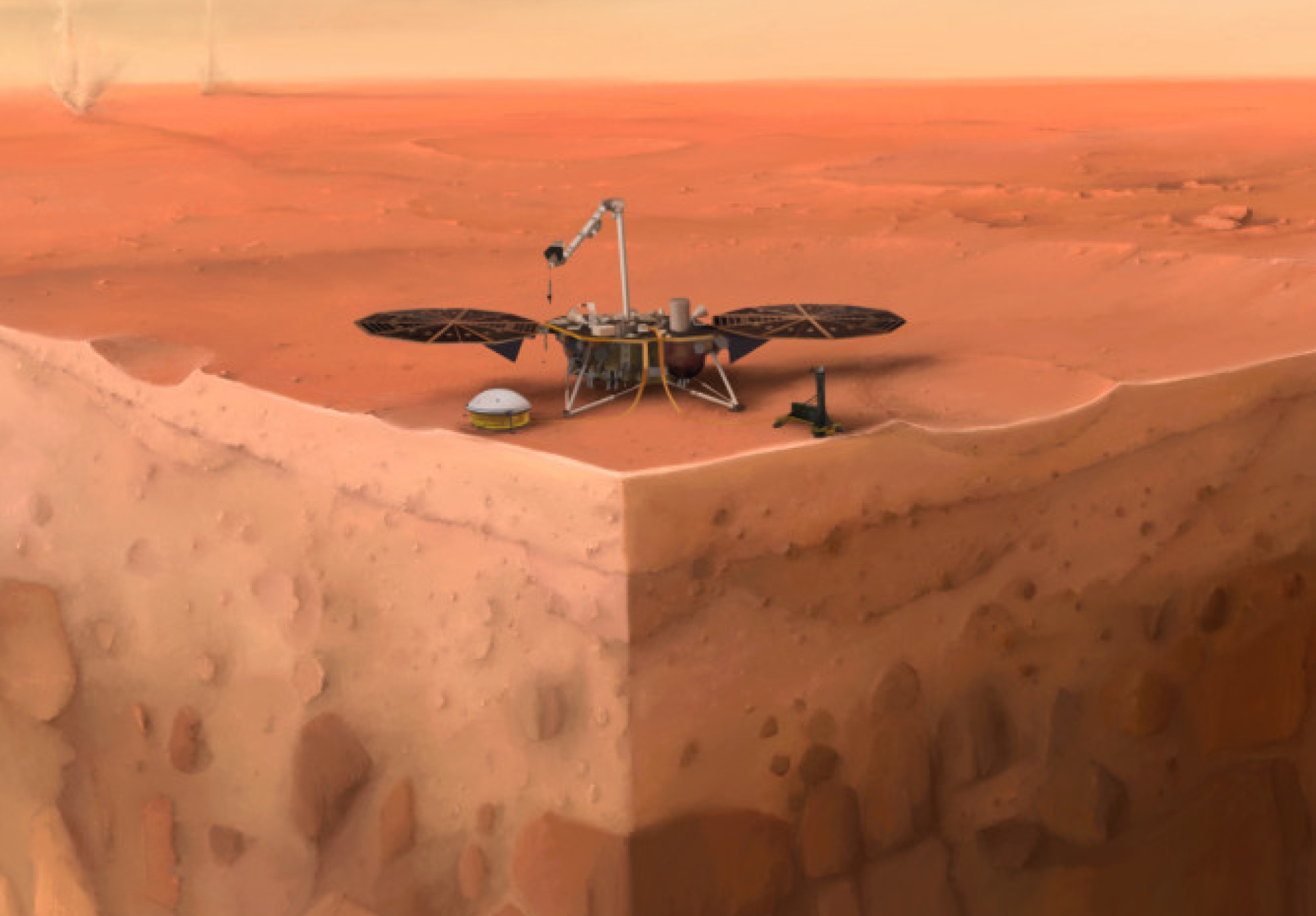 Illustration de l'atterrisseur InSIight à la surface de Mars avec une coupe à travers la Terre