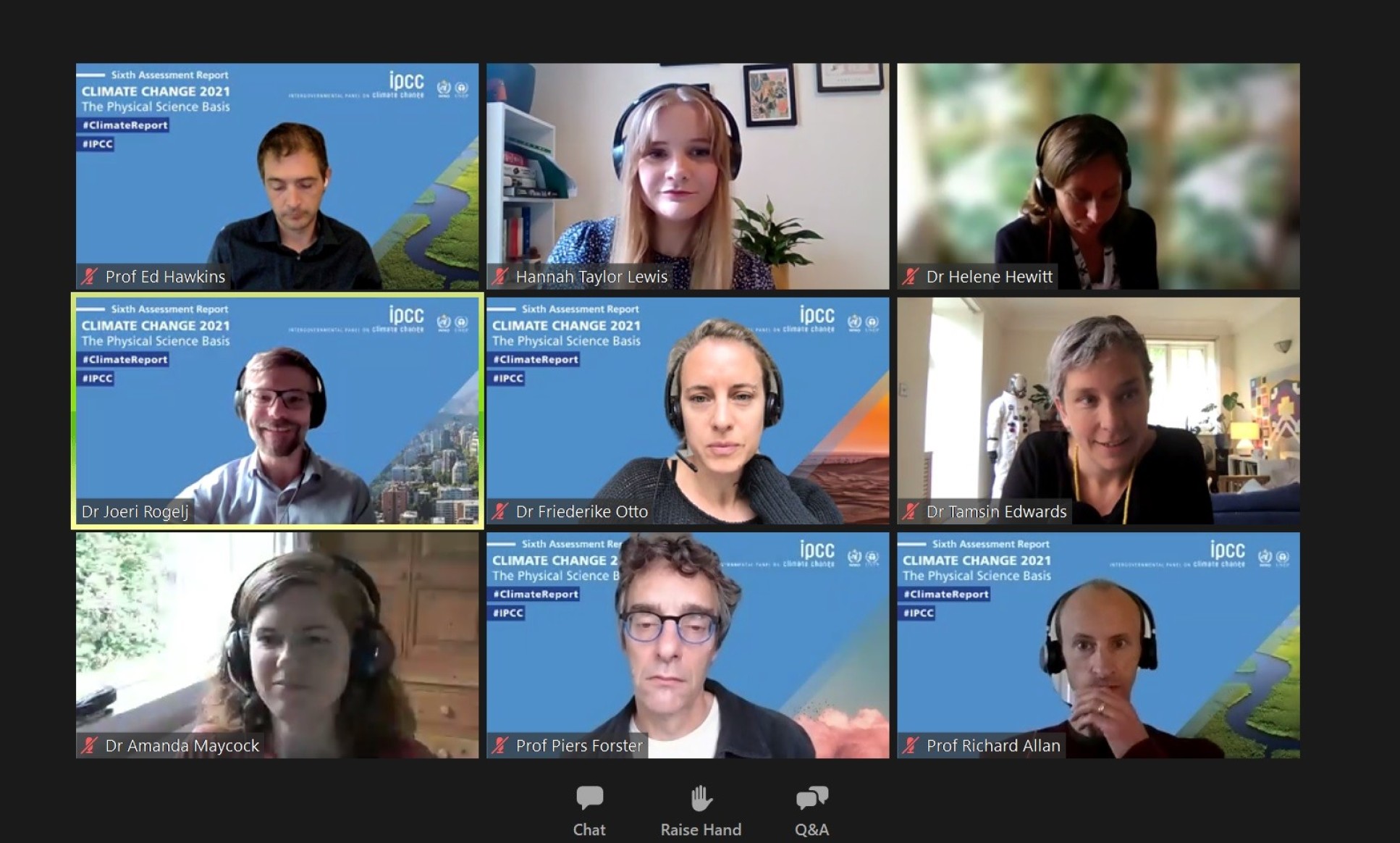 Nine faces on a Zoom window, with branded backgrounds by IPCC. Prof Ed Hawkins, Hannah Taylor-Lewis, Dr Helene Hewitt, Dr Joeri Rogelj, Dr Friederike Otto, Dr Tamsin Edwards, Dr Amanda Maycock, Prof Piers Forster, Prof Richard Allan