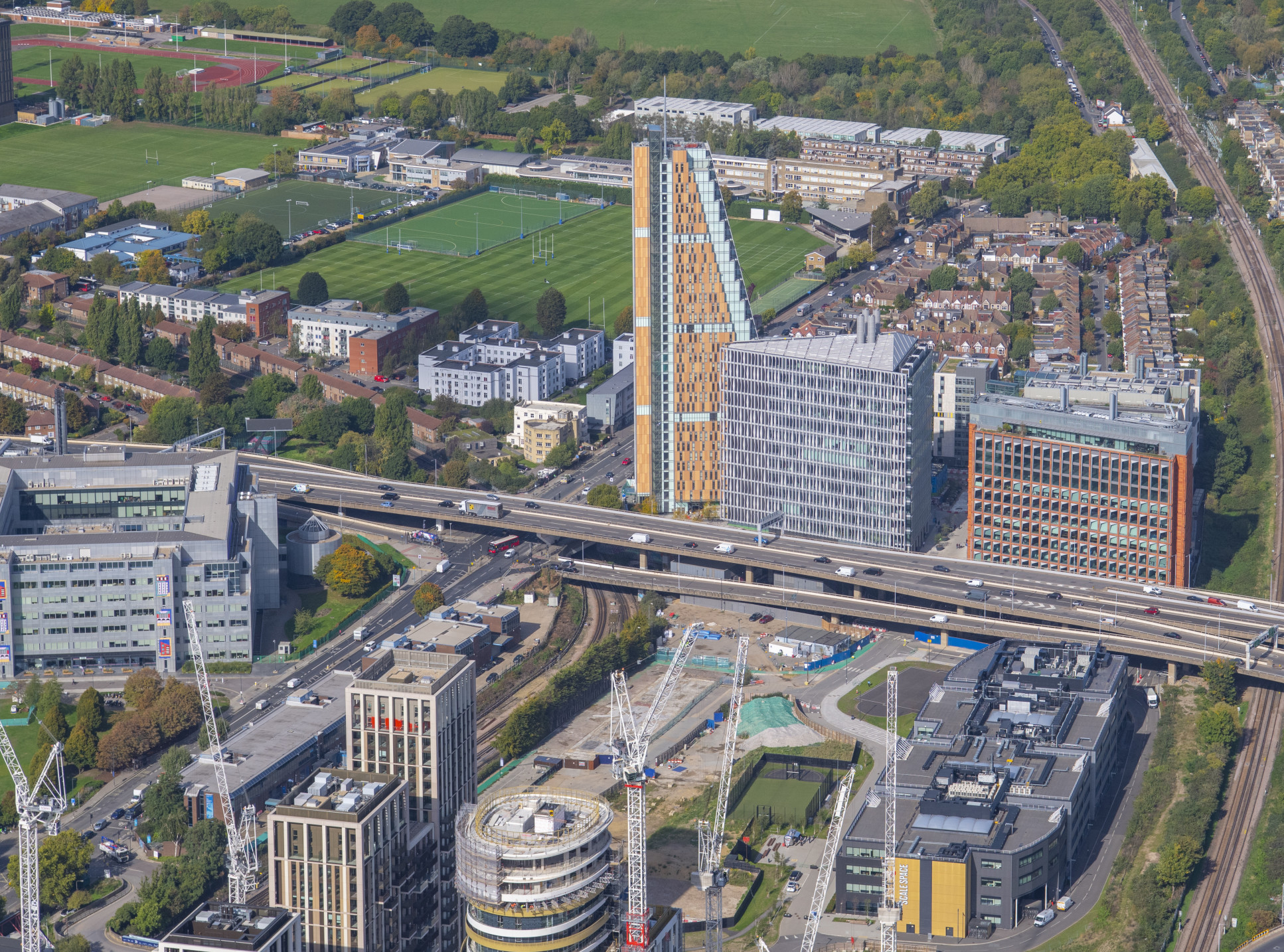 An aerial view of the White City Innovation District (WCID)