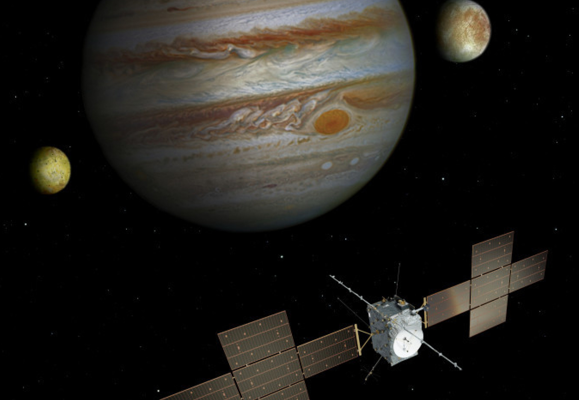 Illustration of the JUICE spacecraft at Jupiter