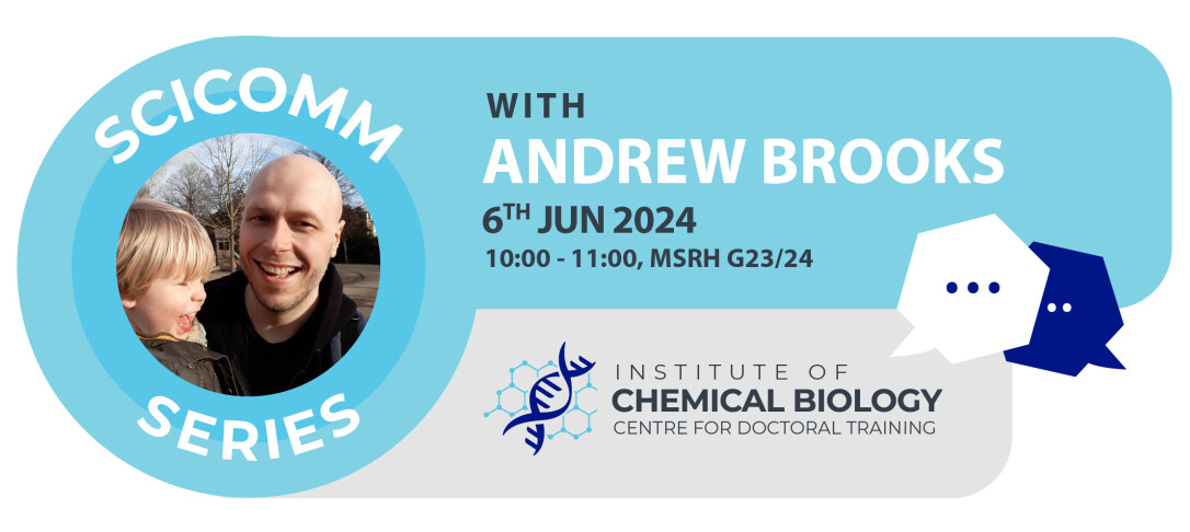 Scicomm Series logo featuring portrait photo of Andrew Brooks and his child