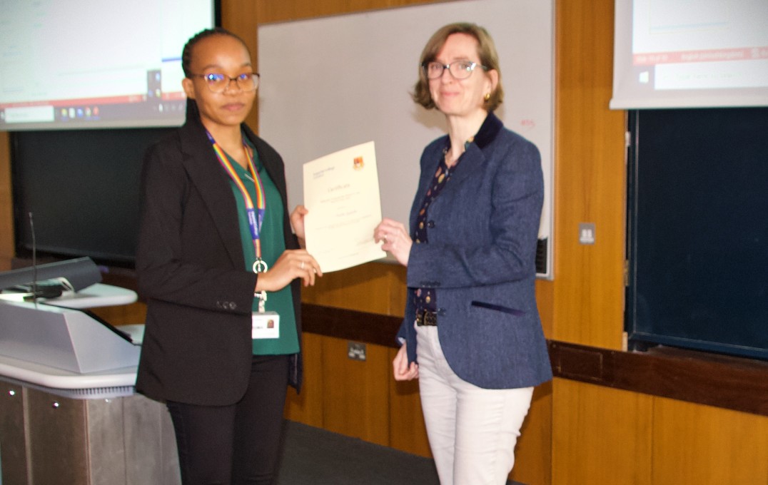 Professor Sandrine Heutz with Katlo Batsile, second place awardee of 'Best Industrial Relevance' poster prize