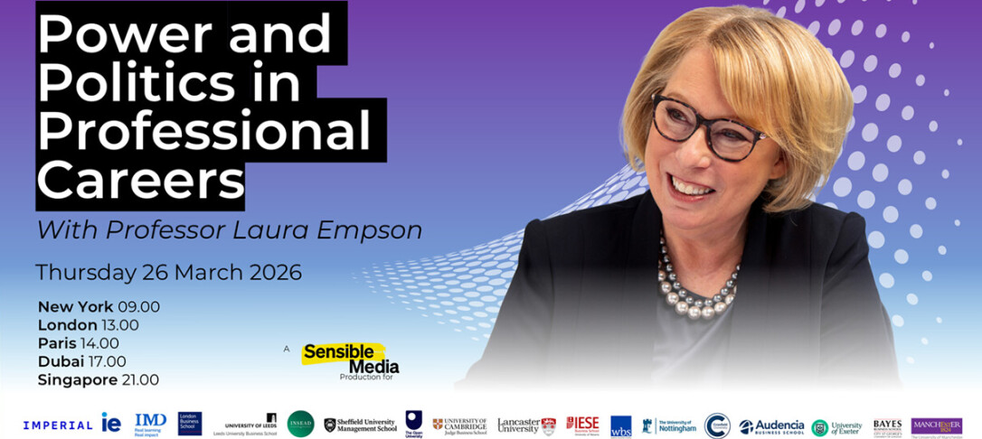 Headshot of the speaker, Monique Valcour on a green background with the key event details overlaid, along with logos of the fellow partner institutions that the production company (Sensible Media) are working with