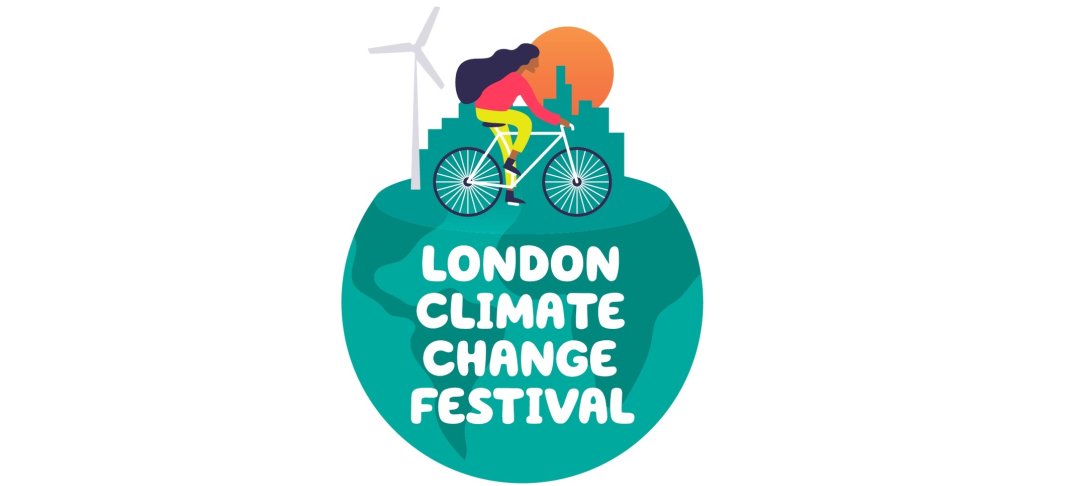 A cartoon of a woman riding her bike on top of the world with a city scape and a wind turbine behind her. The text overlay reads: London Climate Change Festival