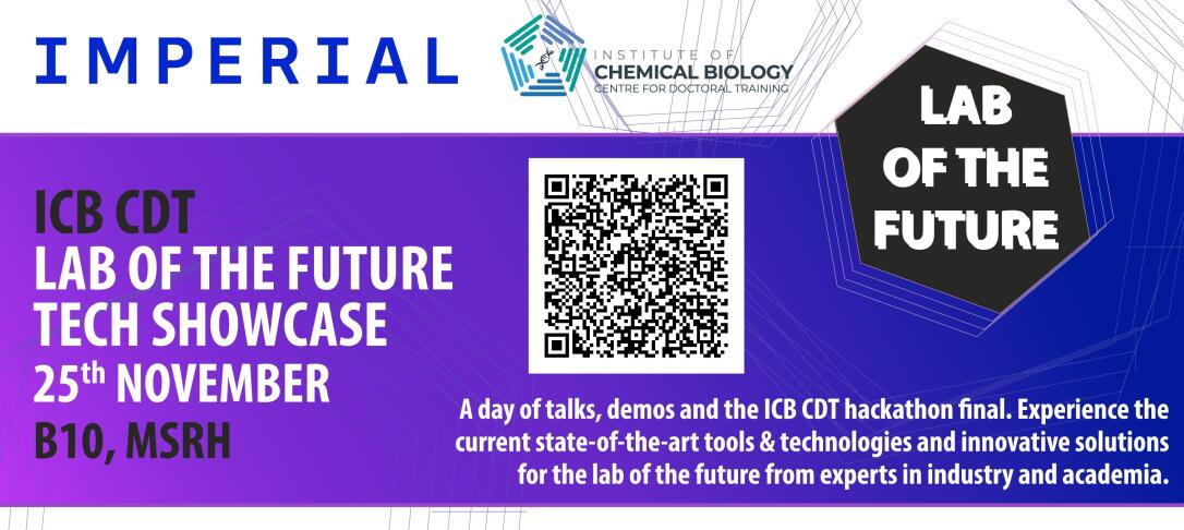 Slide with Imperial, ICB CDT logos on, QR Code, LAB OF THE FUTURE TECH SHOWCASE 25th NOVEMBER B10, MSRH