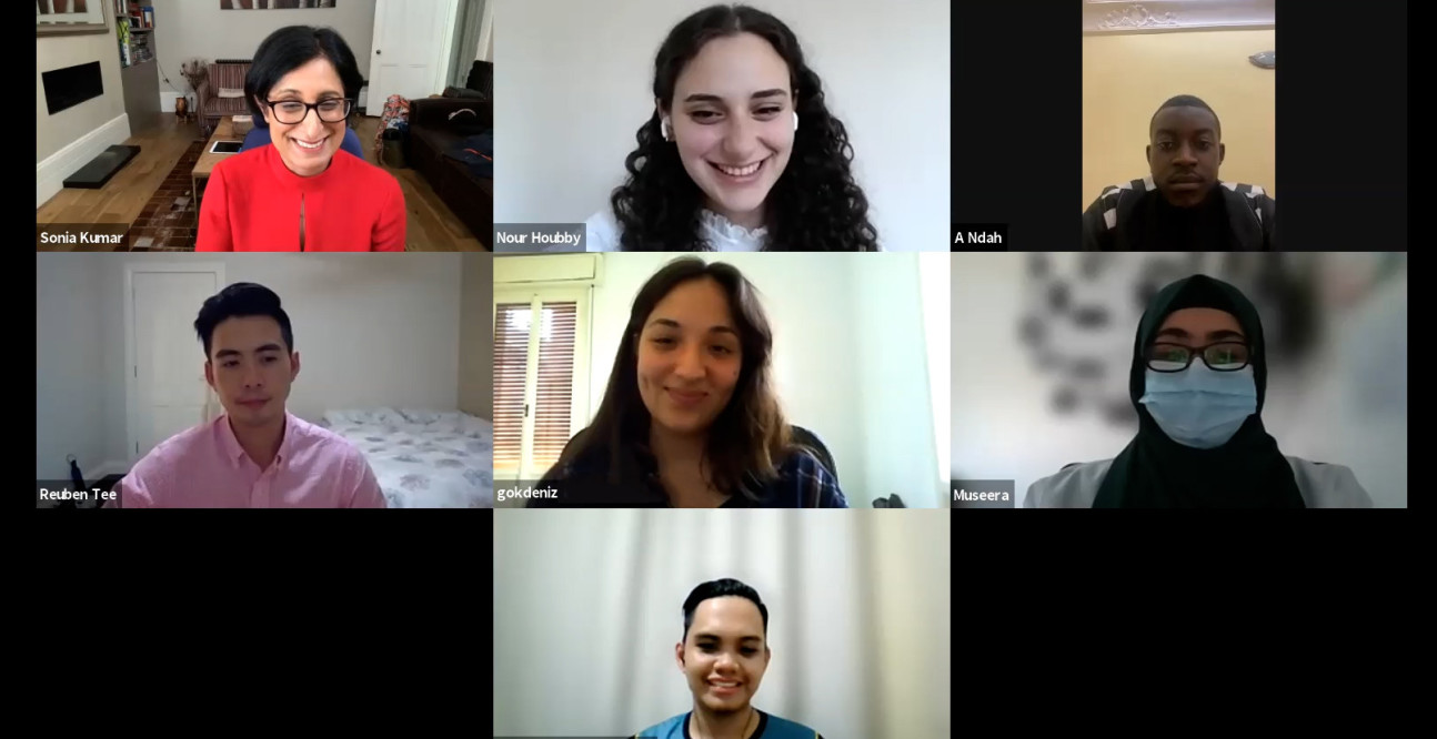 Screen capture of six medical students from around the world and Dr Sonia Kumar