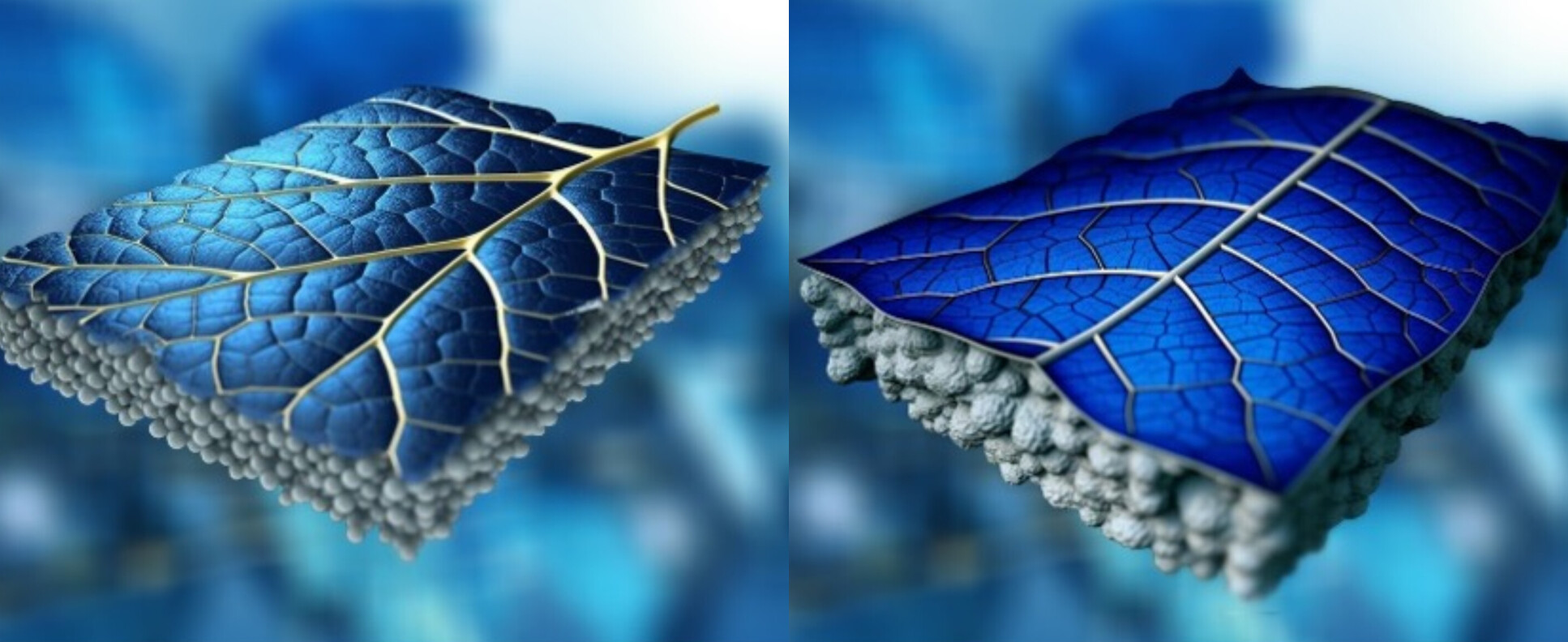 Two conceptual images of the PV-leaf design. The top layer looks like a leaf with bucircles underneath