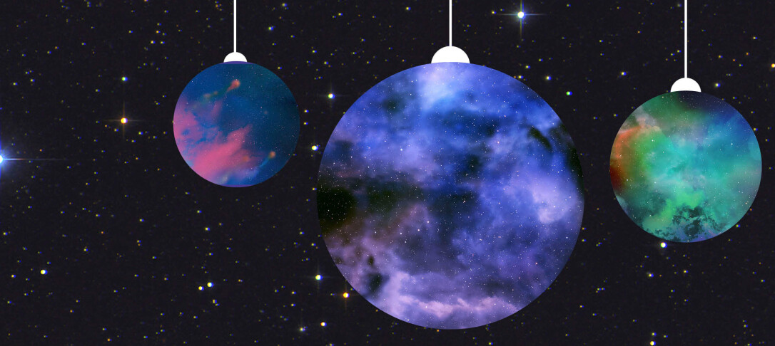 three baubles with nebular patter on dark space background