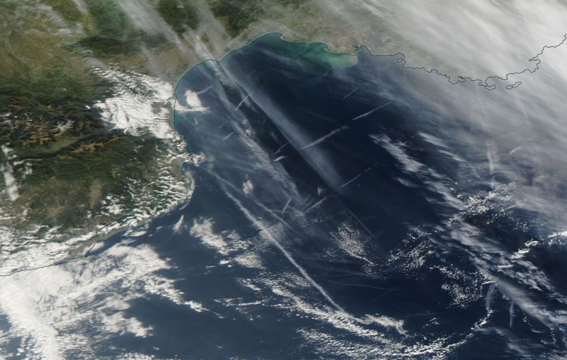 Satellite image of contrails is from NASA Worldview, south of France