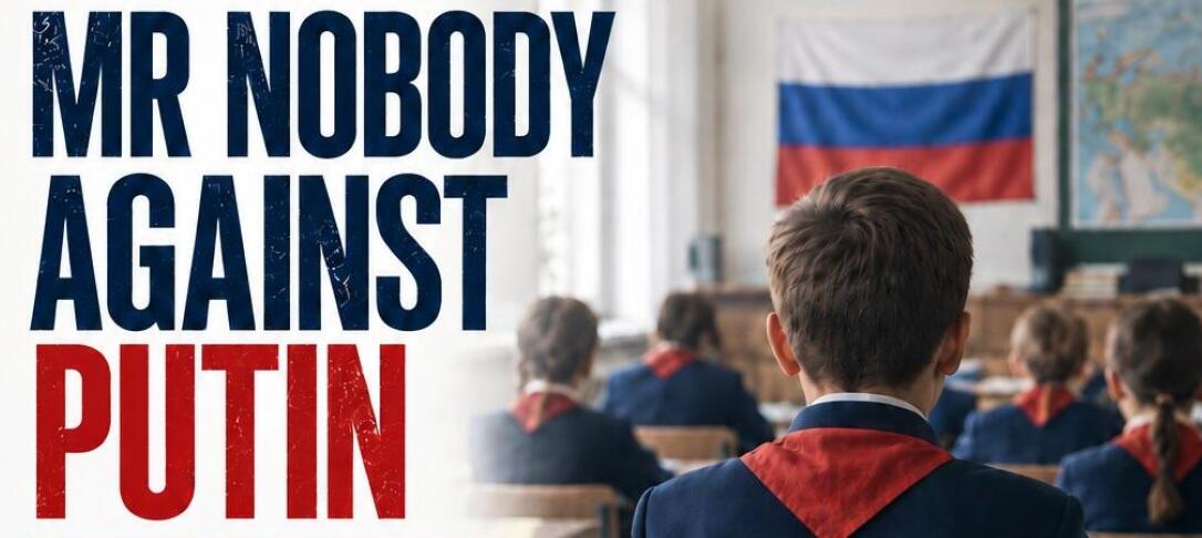 View from back of classroom in Russia, flag on wall