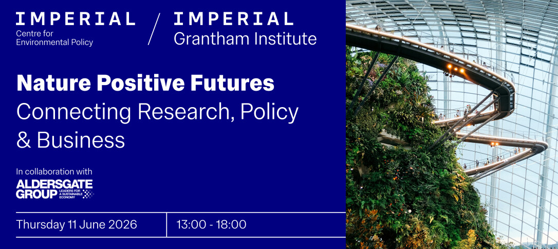 Nature Positive Pathways: Connecting Research, Policy and Business. White text on dark blue background. Photo of walkway and vertical greenhouse.