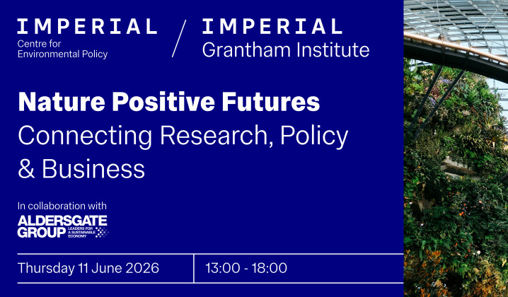 Nature Positive Pathways: Connecting Research, Policy and Business. White text on dark blue background. Photo of walkway and vertical greenhouse.