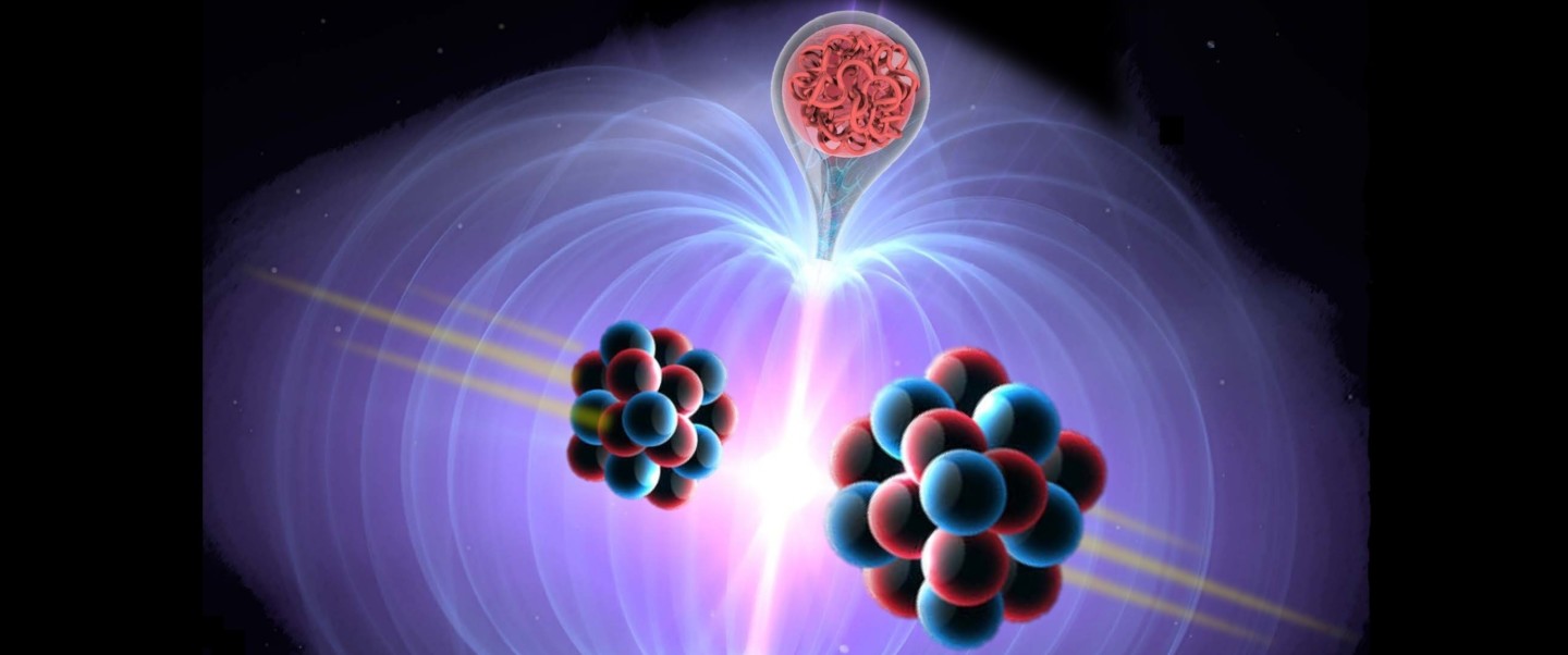3D illustration showing the creation of magnetic monopoles from heavy ion collision. Credit: James Pinfold, MoEDAL Collaboration