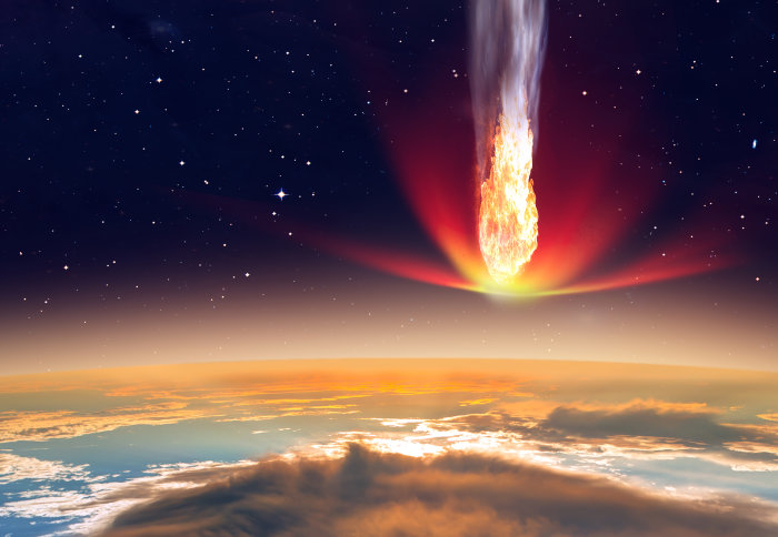 3D rendering of meteor about to collide with earth.