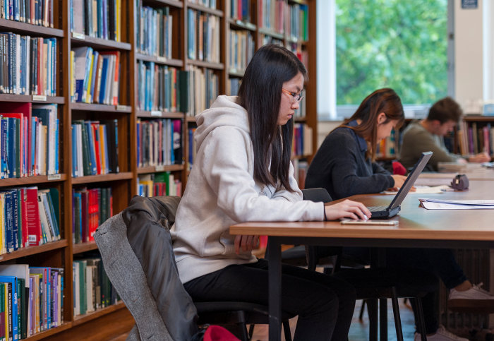 Students working in the library