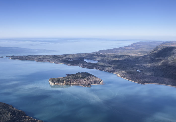 Aerial view of a coastline with small islands