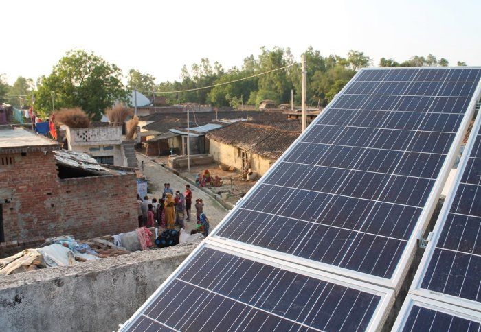 Solar panels on a roof in Uttar Pradesh, India