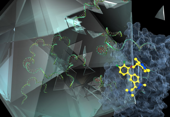 Small blue blob with yellow innards up against large angular pale green blob with green innards