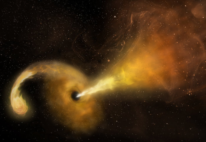 A star swirling around a small black disc, with a jet of bright material coming form the centre of the disc