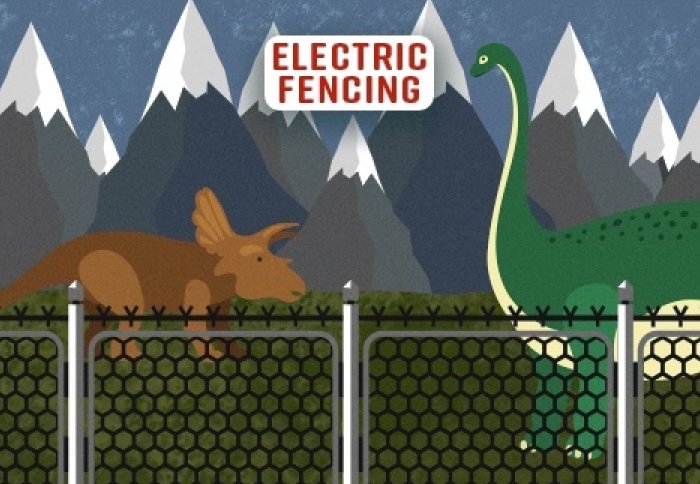 An illustration of dinosaurs next to an electric fence