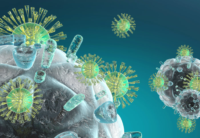 3D Illustration of Immune System cells attacking a HIV Virus