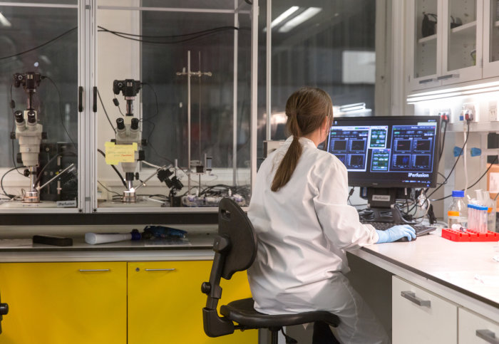 Postdoc working on a computer in a lab