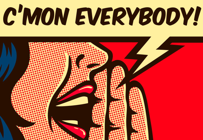 Close up stylised drawing of a mouth with a speech bubble saying "C'Mon Everybody!"