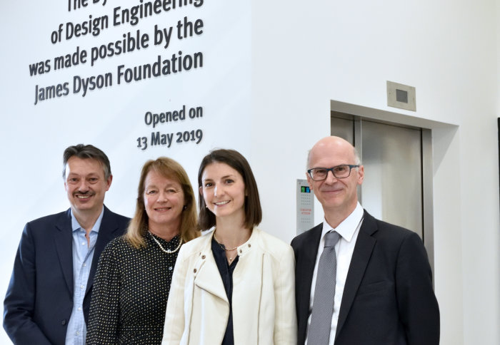 Professor Nigel Brandon, Professor Alice Gast, Dyson Foundation Global Head Lydia Beaton, and Professor Peter Childs at the building entrance