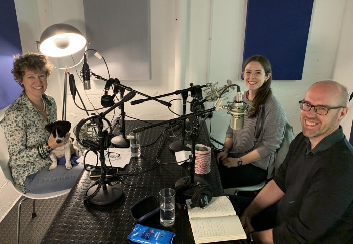 Drs Madeleine Morris and Jeffrey Hardy in the studio with podcast host Amanda Carpenter and her dog