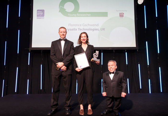 Dr Florence Gschwend receiving her award at the ceremony hosted by actor Warwick Davis