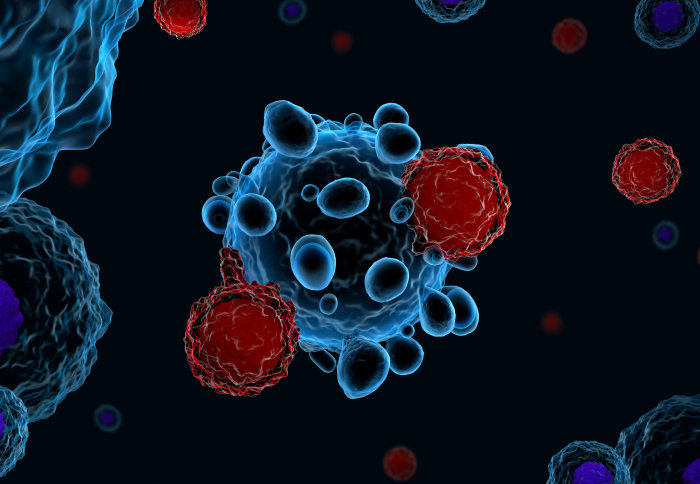 3D illustration of immune system T cells attacking cancer cells (CAR T-cell therapy)