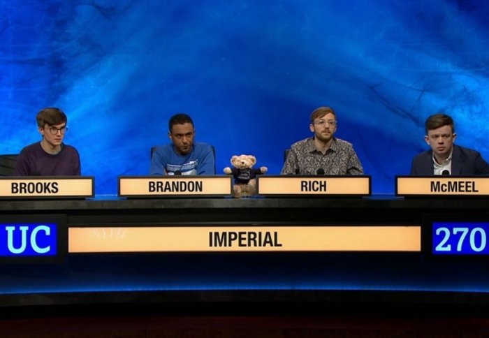 The team pictured moments before sealing victory in the University Challenge final. (Left to right: Richard Brooks, Brandon Blackwell, Caleb Rich and Conor McMeel.)