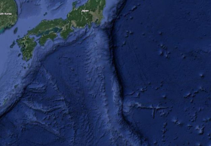Google Maps image of the location of the Izu-Bonin-Mariana Subduction zone, where the Pacific Plate sinks beneath the Philippine Sea plate, south of Japan in the Pacific Ocean