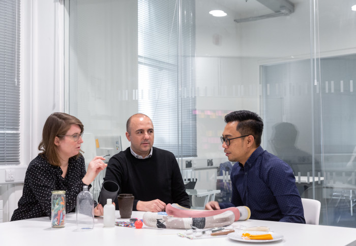Dr Marco Aurisicchio, Senior Lecturer at the Dyson School of Design Engineering, with two postgraduate students Anouk Zeeuw Van Der Laan and Fadzli Bin Bahrudin
