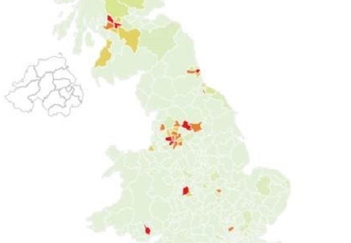 Map of the UK with some areas highlighted