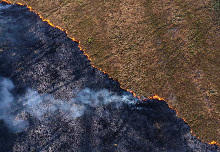 Aerial photo showing a line of smouldering, smoky fire moving through a peatland jungle