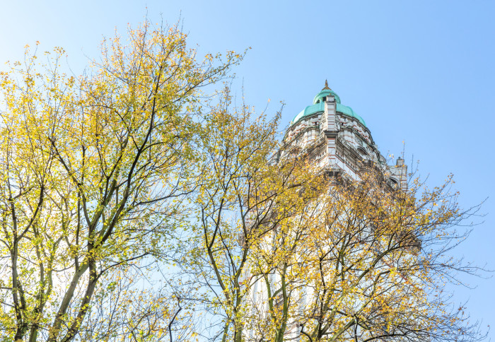The Queen's Tower, with an autumnal tree in the foreground