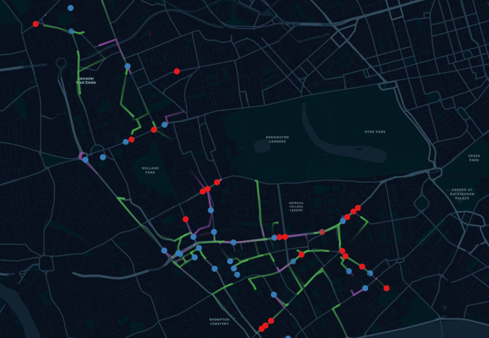 Map of London streets with colours indicating vehicle movements