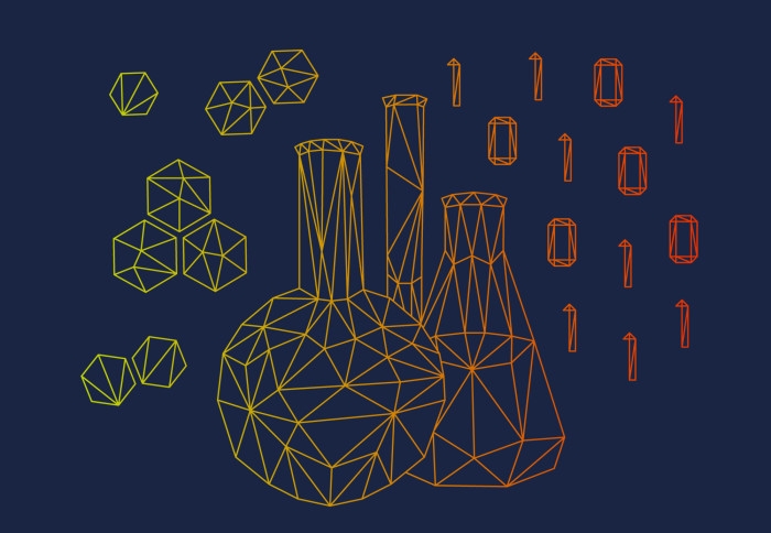 An artist's illustration evoking digital chemistry using data - a navy background with a flask and numbers and molecules made out of geometric shapes floating alongside